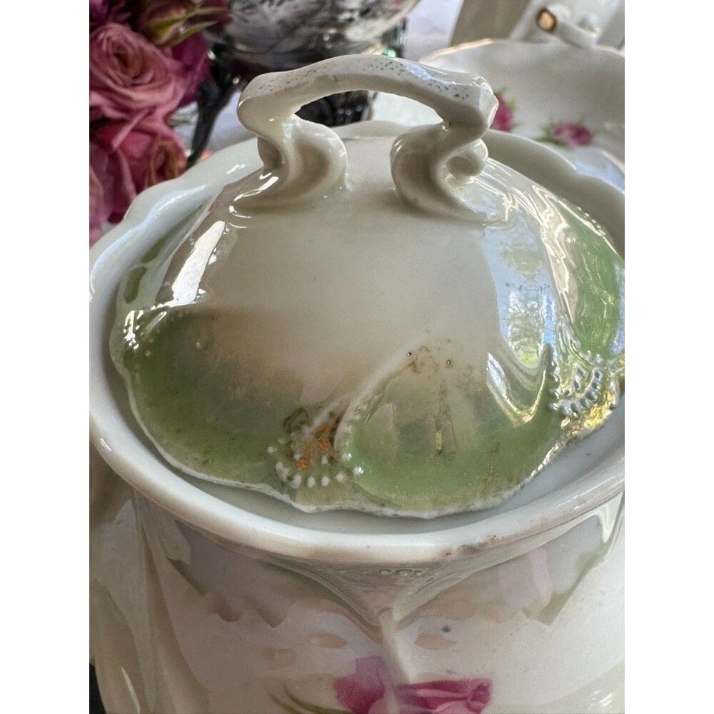 Antique Hand Painted Rose Porcelain Covered Sugar Bowl Art Nouveau Footed - Picture 15 of 16